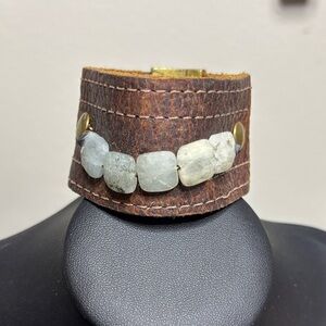Brown Leather Cuff Bracelet Raw Aquamarine Light Green Stone Accents